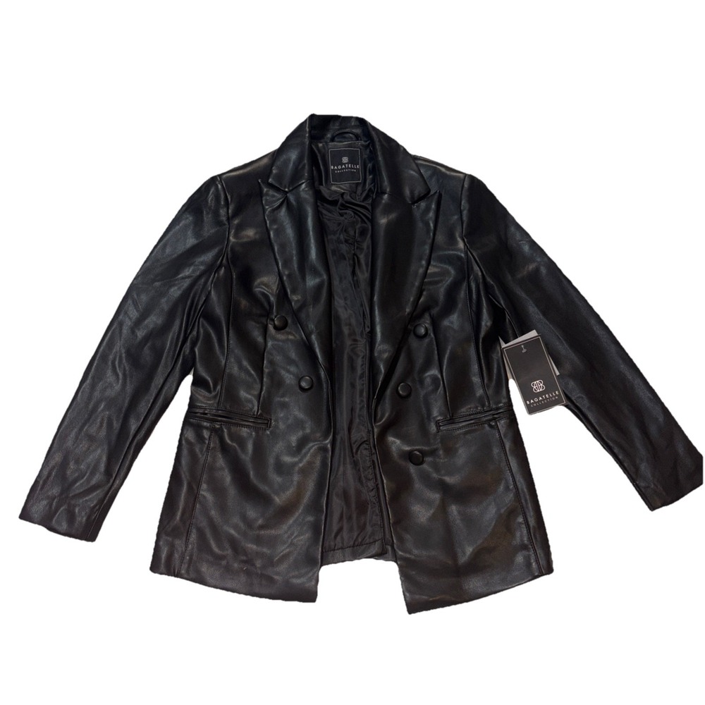NWT Bagatelle Black Open Blazer‎ Jacket Size Medium Faux Leather Double Breasted